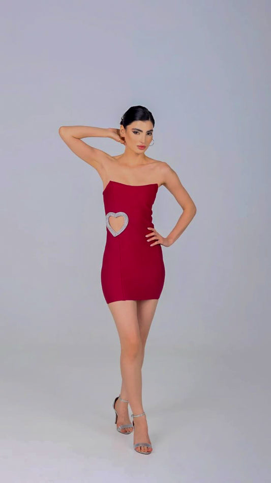 FREDA WINE  RHINESTONE LOVE CUTOUT STRAPLESS BANDAGE PARTY MINI DRESS