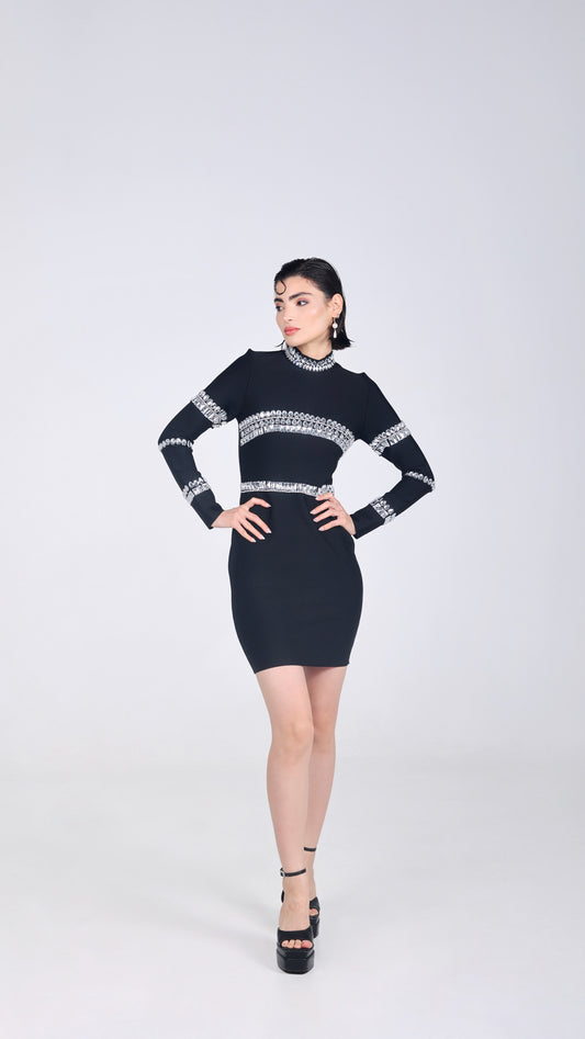 ELLA BLACK DIAMOND EMBELLISHED LONG SLEEVE MINI DRESS