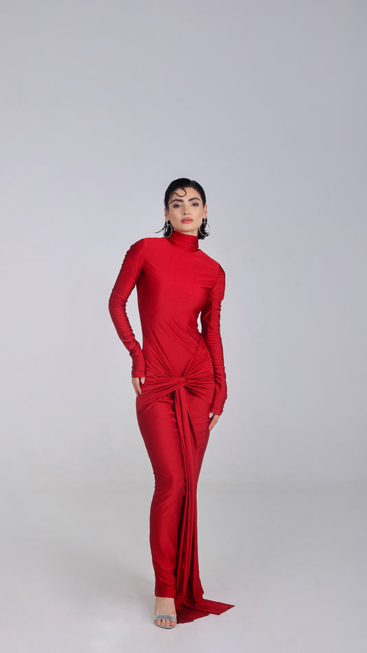 TESSY LONG SLEEVE TWISTED MAXI DRESS IN RED