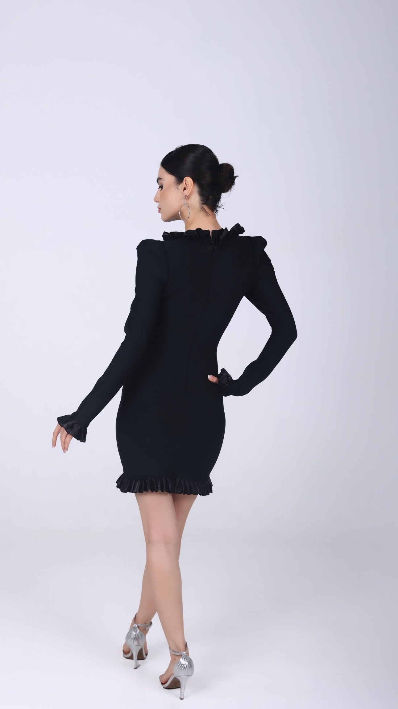 ALINA BLACK RUFFLE LONG SLEEVE MINI BANDAGE DRESS