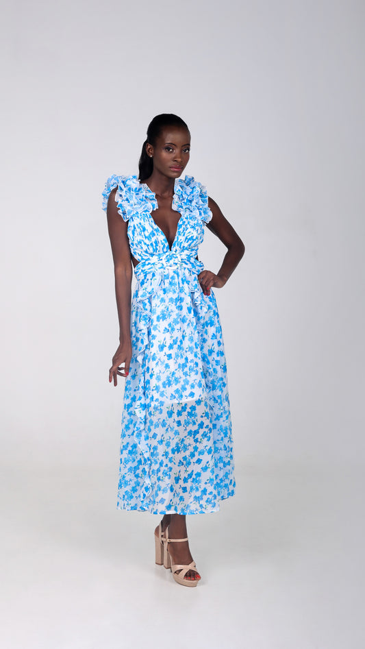 RUFFLED FLORAL CUTOUT MAXI DRESS IN BLUE