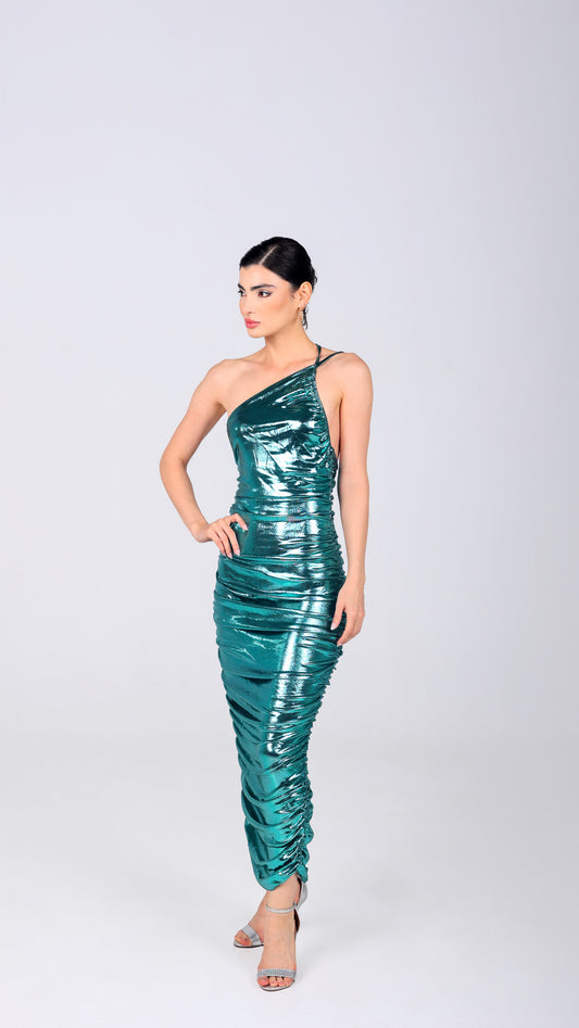 ZARI SHAPE EMERALD GREEN METALLIC RUCHED ONE SHOULDER  DRESS