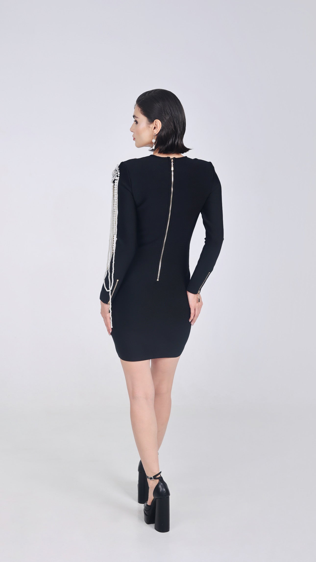 SHELA BLACK PEARL EMBELLISHED BANDAGE MINI DRESS