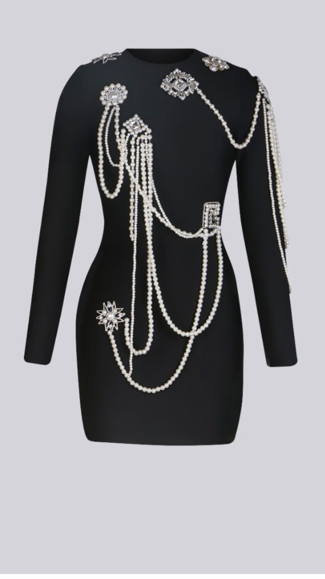 SHELA BLACK PEARL EMBELLISHED BANDAGE MINI DRESS