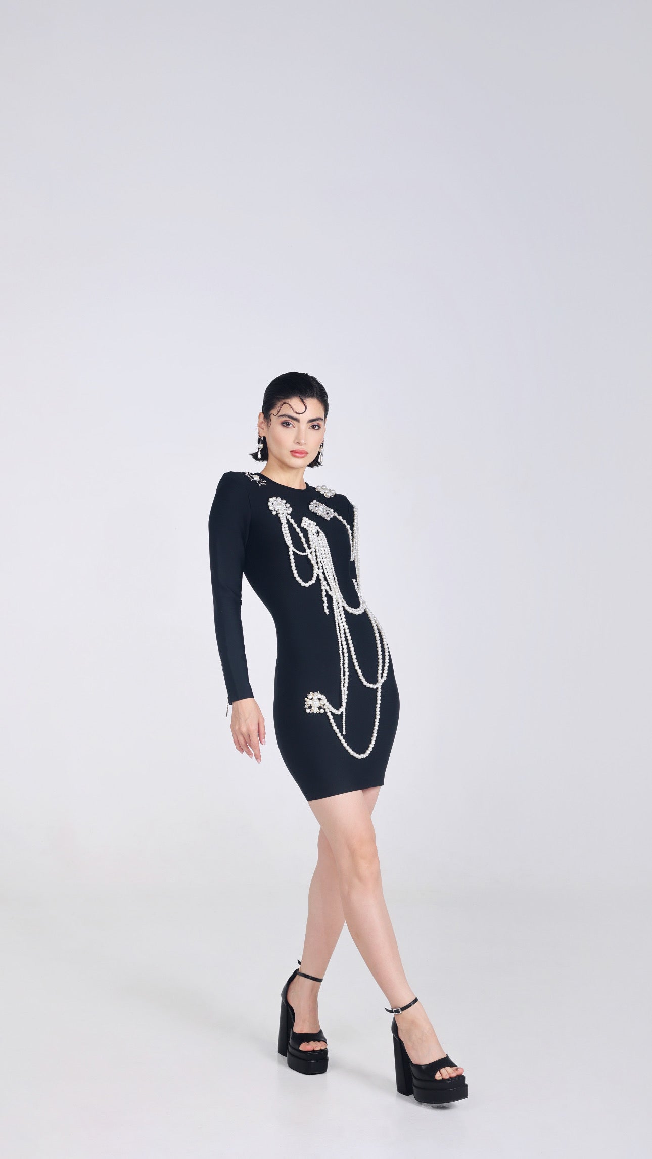 SHELA BLACK PEARL EMBELLISHED BANDAGE MINI DRESS