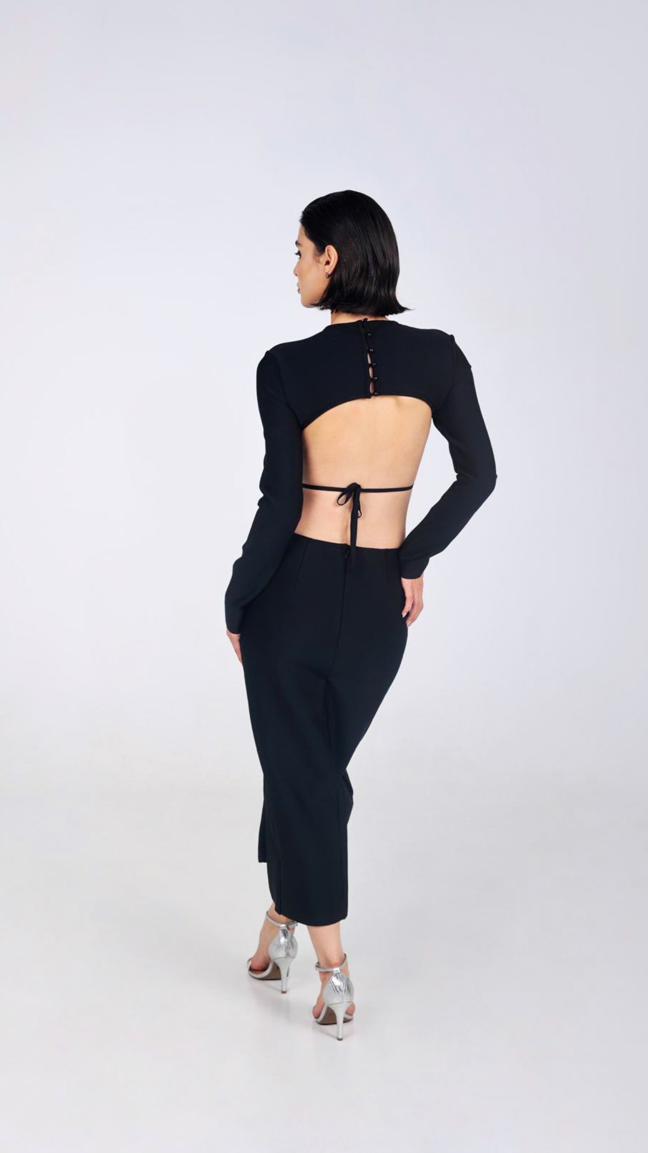 SERÁ BLACK OPEN BACK BADGES DRESS WITH FRONT SPLIT